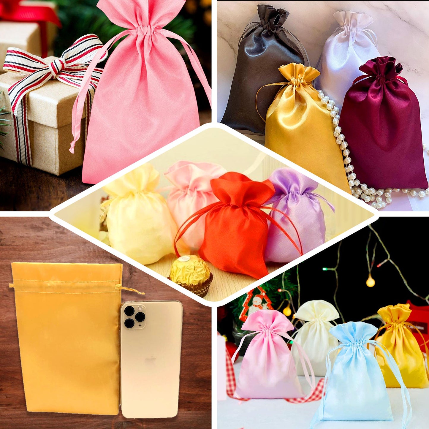 12 Pack 4"x6" Gold Satin Drawstring Wedding Party Favor Gift Bags